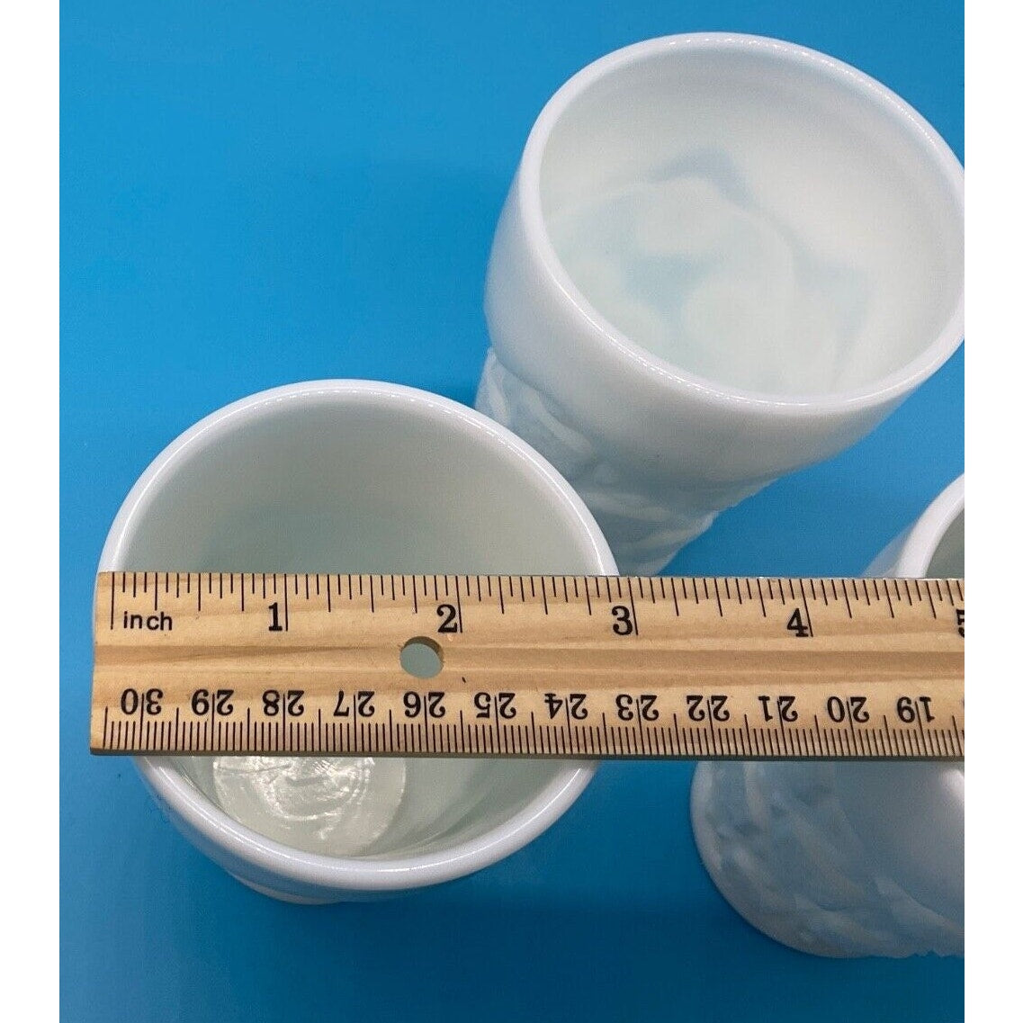 Set of 3 White Milk Glass Tumblers, Cubist Pattern, 5" Tall, Vintage Drinkware