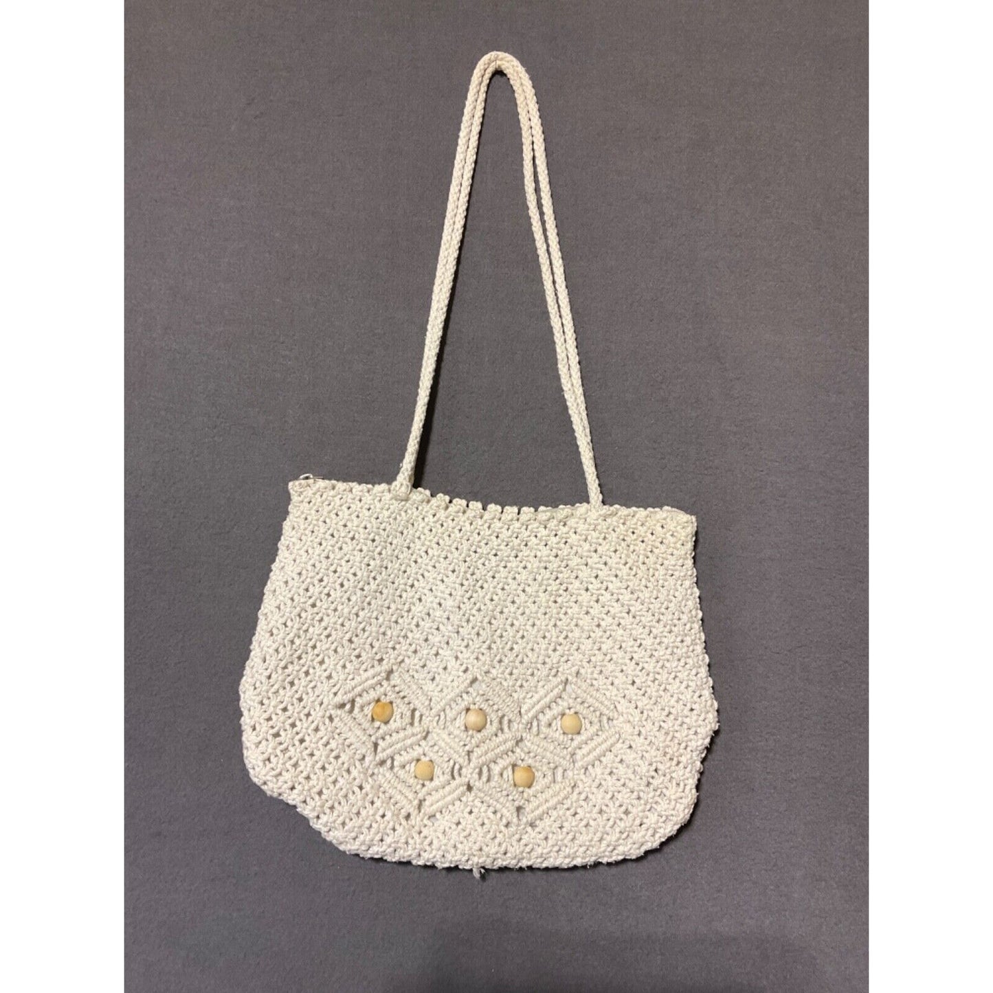 Vintage Crochet Knit Shoulder Bag Ivory Boho 13"W 10"H Wooden Beads Zip Closure