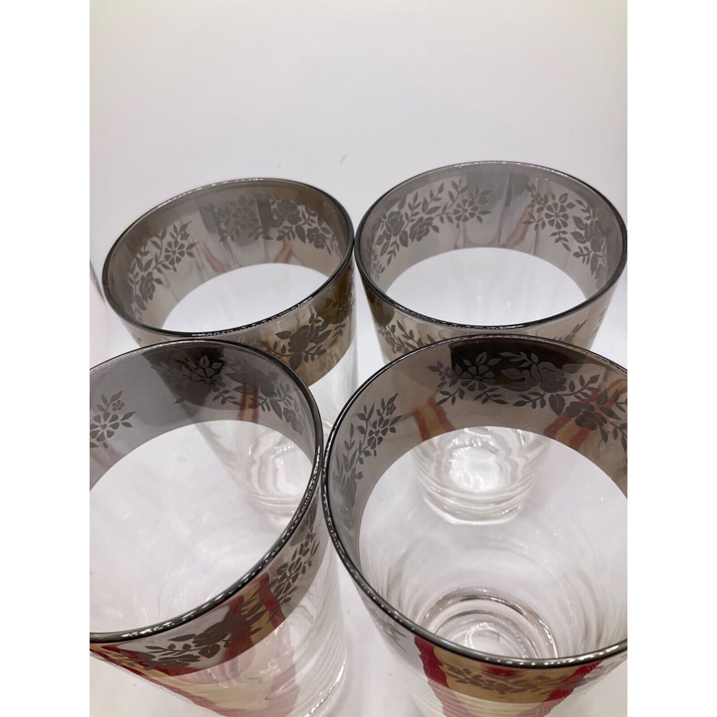 RARE 1960 Dorothy Thorpe Silver Rimmed Tumblers Set of 4 Embossed Flower 6" Tall