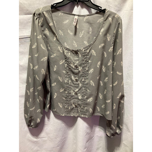 MUDD Women's XL Long Sleeve Top Grey Leaf Design Pleated Lightweight