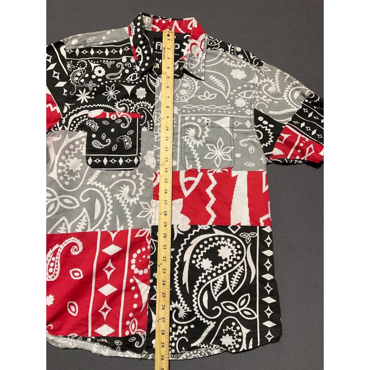 AHP Bandana Print Shirt Size L Red Black Patchwork Button-Up Causal