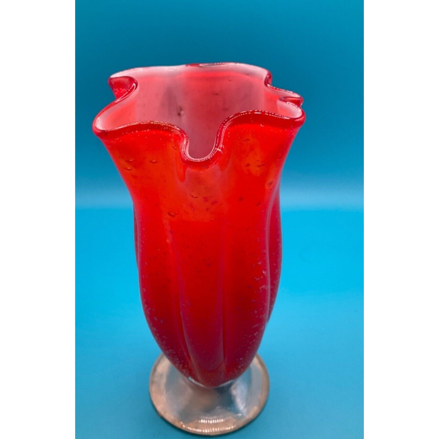 Vintage Artglass Vase 6.5" - Red w/ Silver Glitter & Ruffled Edge