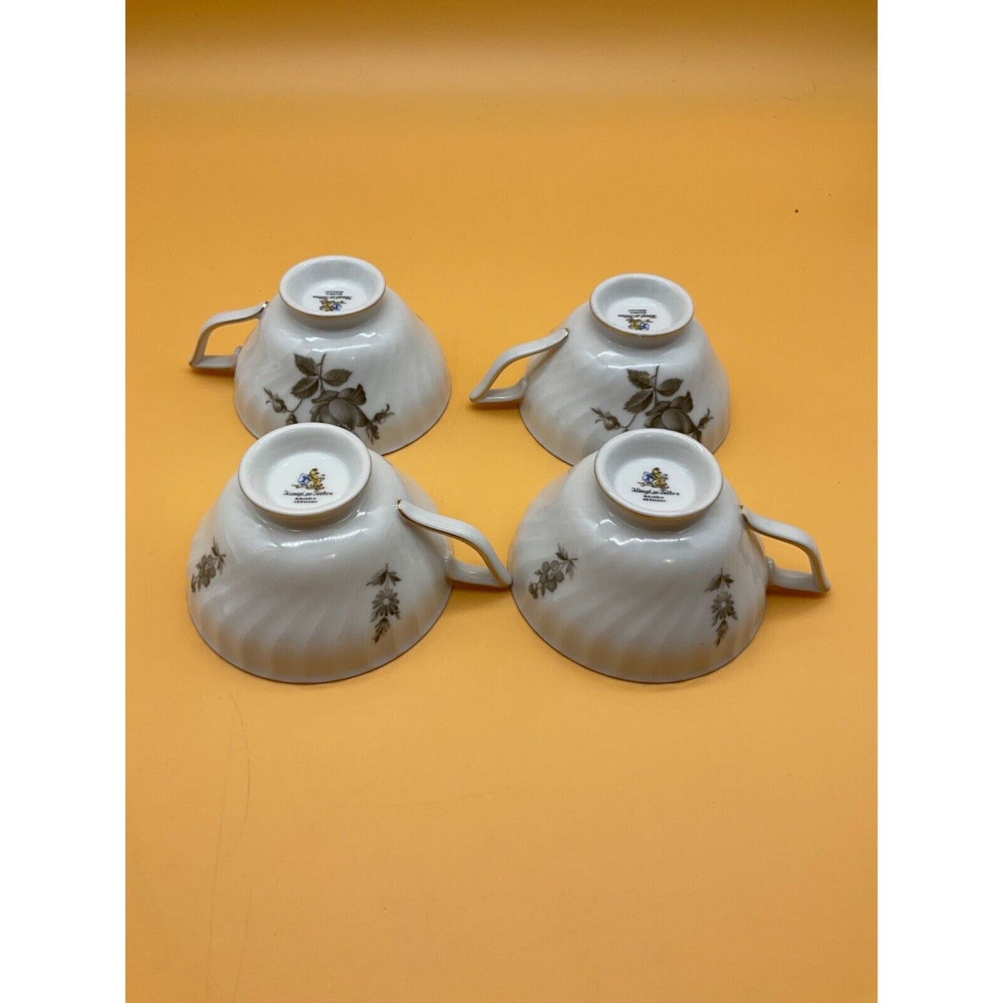 4 Cups Konigl Königl. pr. Tettau Bavaria Germany Grey Floral Gold Trim Vintage
