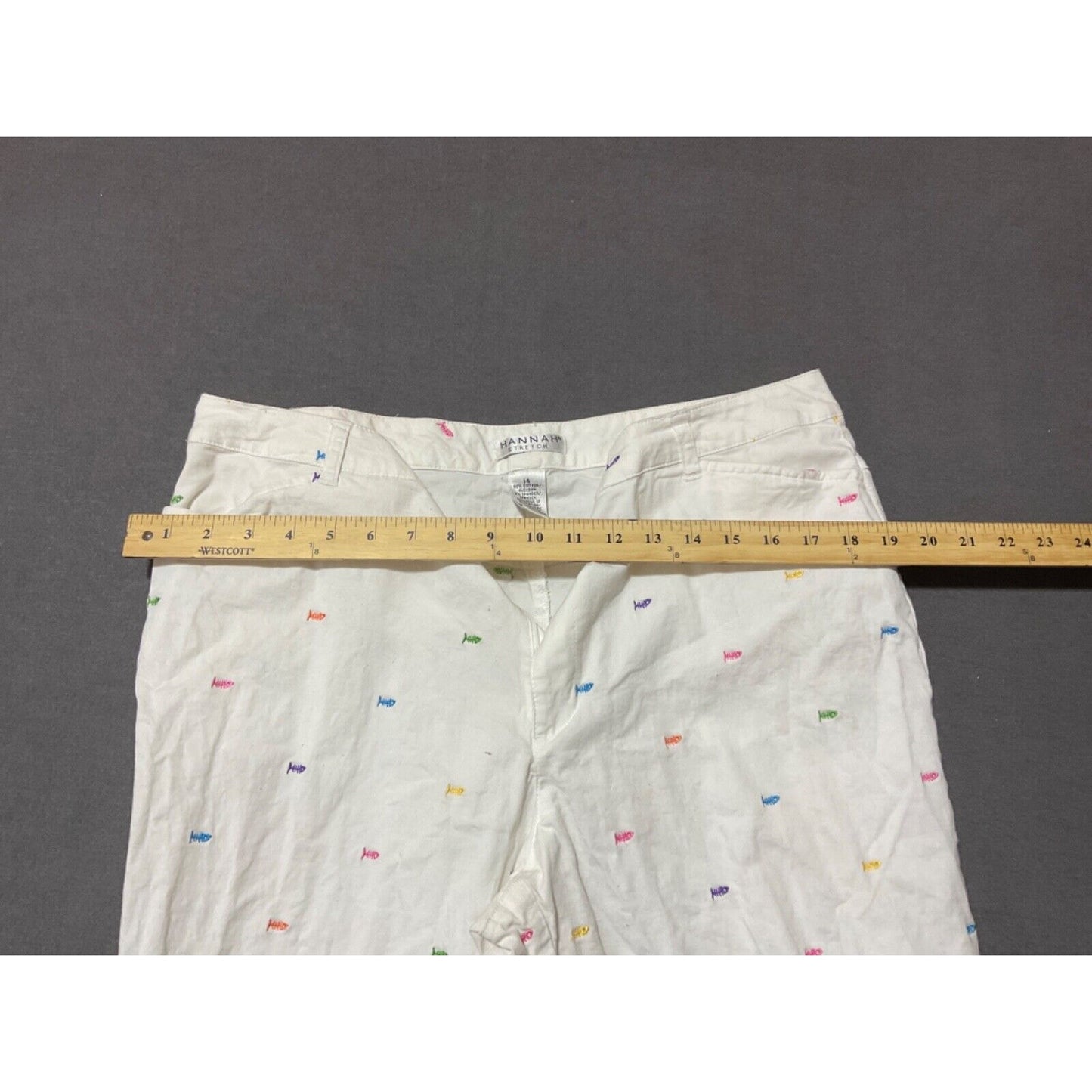 Hannah Stretch Women’s Sz 14 Capri Pants Cotton Multicolor Fish Embroidery