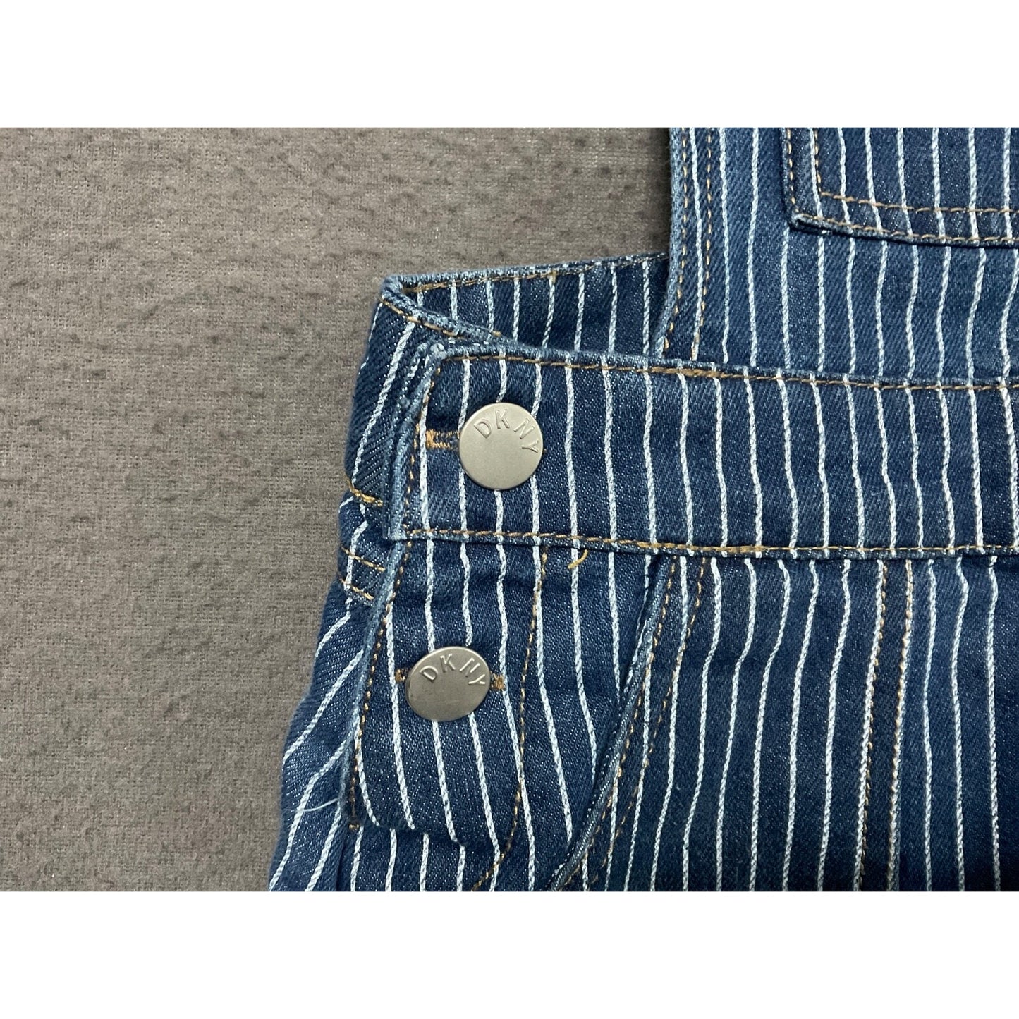 DKNY Girls 6X Blue Pinstripe Denim Overall Dress Adjustable Straps Pockets