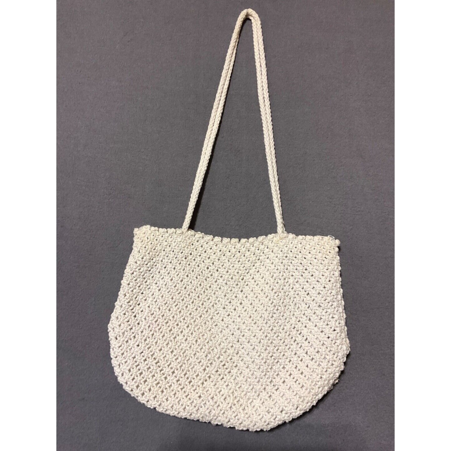 Vintage Crochet Knit Shoulder Bag Ivory Boho 13"W 10"H Wooden Beads Zip Closure