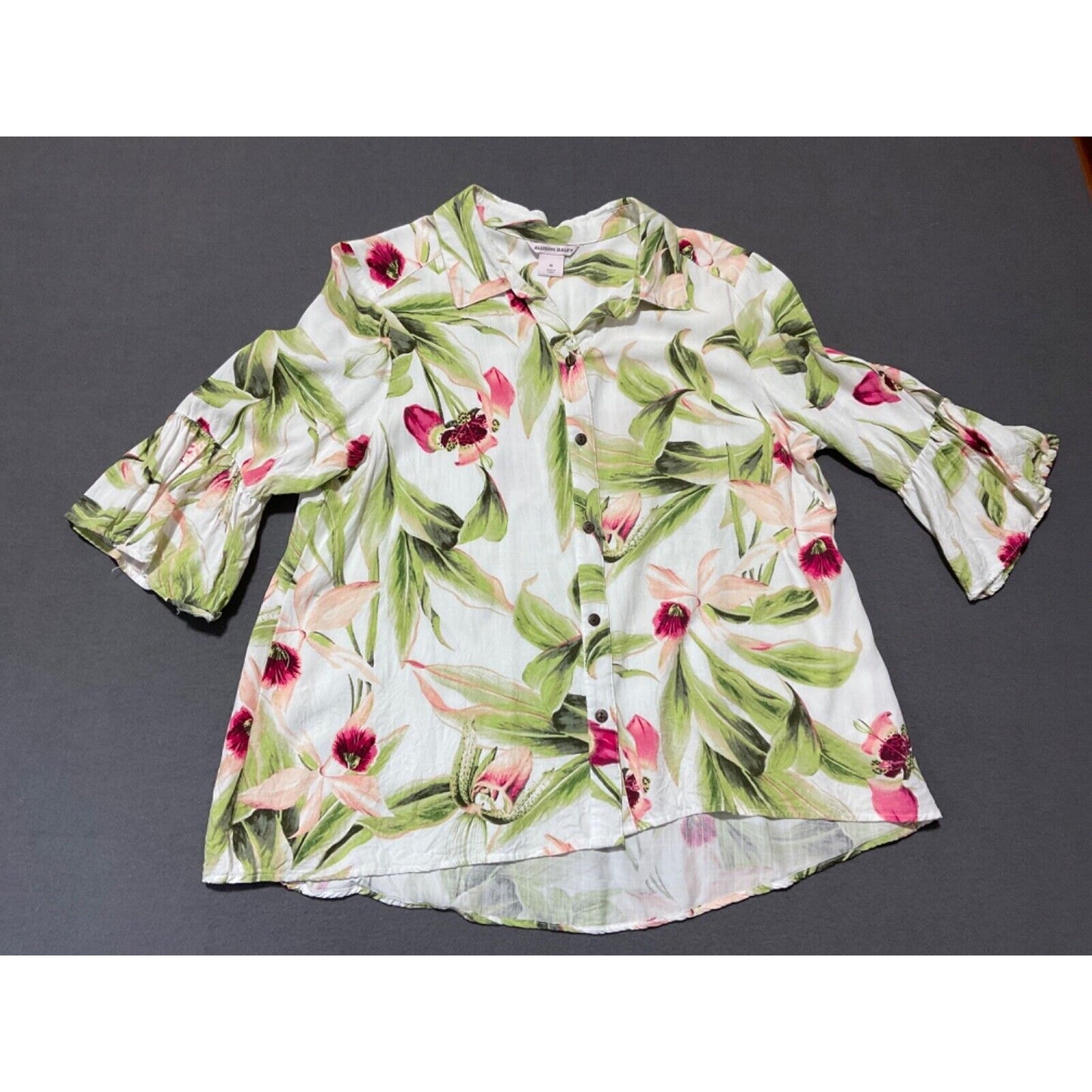 Alison Daley Dillard's Tropical Floral Bell Sleeve Blouse M Button Front