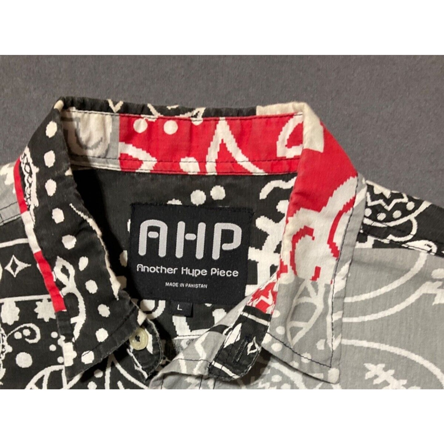 AHP Bandana Print Shirt Size L Red Black Patchwork Button-Up Causal