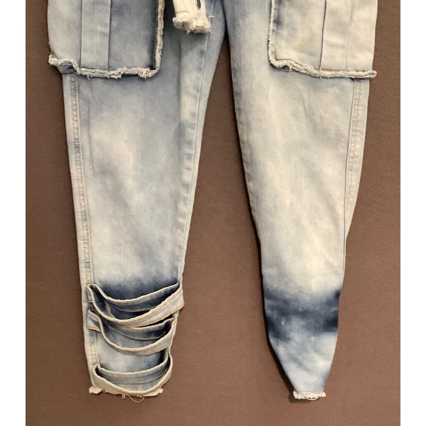 My Boo Brand Distressed High-Waisted Jeans with Tie Belt Size Small Cargo Pocket