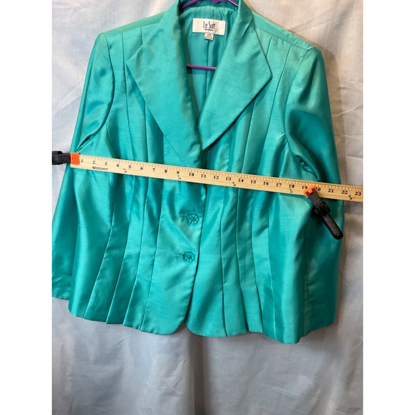 LE Suit Women's Turquoise Blazer Size 14P Shiny Finish 100% Polyester Y2K