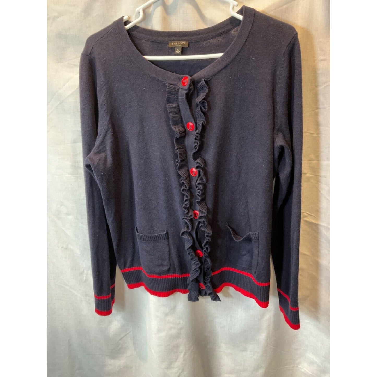 Chic Talbots Button-Up Sweater Size LP Blue with Anchor Buttons Cotton/Cashmere