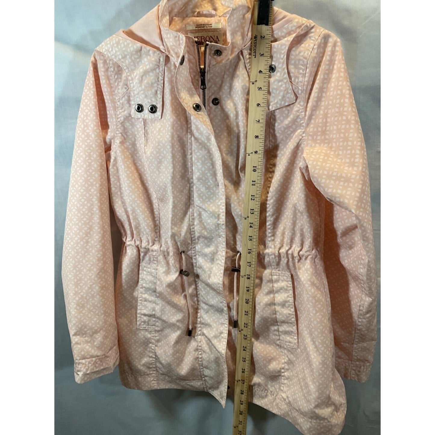 Merona Pink Water-Resistant Jacket - Women's SP, Hooded, Waist Drawstring, Flaws