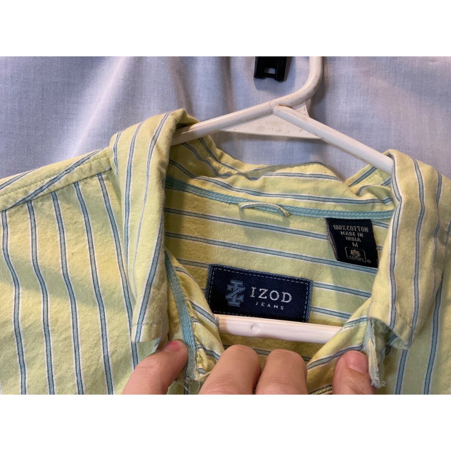 IZOD Jeans Men's Yellow & Light Blue Striped Shirt Med 100% Cotton Button Closur