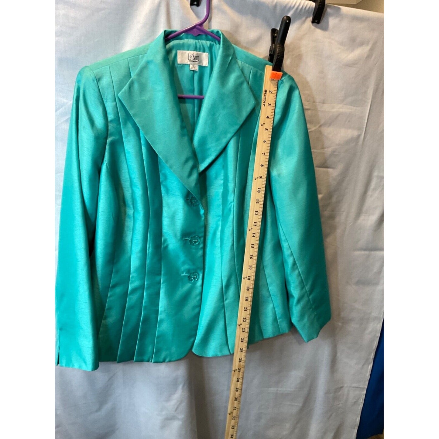 LE Suit Women's Turquoise Blazer Size 14P Shiny Finish 100% Polyester Y2K